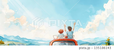 Couple in a car with arms raised, driving through a beautiful, open landscape. Couple in a car with arms raised, driving through a beautiful, open landscape. 135186143