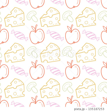 Cute Seamless Pattern with Cheese Apple Candy and Mushroom Hand Drawn Food Doodles Cute Seamless Pattern with Cheese Apple Candy and Mushroom Hand Drawn Food Doodles 135187253