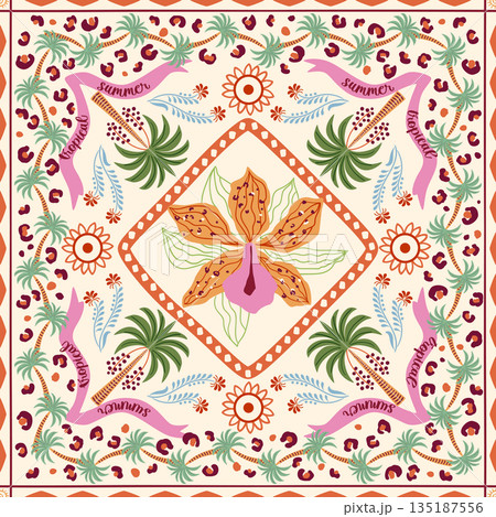 Tropical tile, scarf, square seamless pattern with tropic flower, palm tree, geometric elements. Vector summer print 135187556