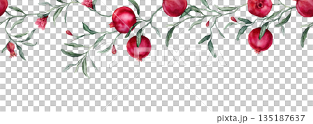 Seamless horizontal border or banner tropical Pomegranate and pink flower. Hand drawn watercolor illustration on white isolated background. Fruits with green leaves pattern for frame or banner. Seamless horizontal border or banner tropical Pomegranate and pink flower. Hand drawn watercolor illustration on white isolated background. Fruits with green leaves pattern for frame or banner. 135187637