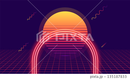 futuristic glowing synth lines background with sunset design 135187833