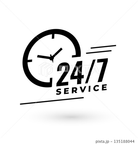 24 hrs and 7 days service availability background with clock sign 135188044
