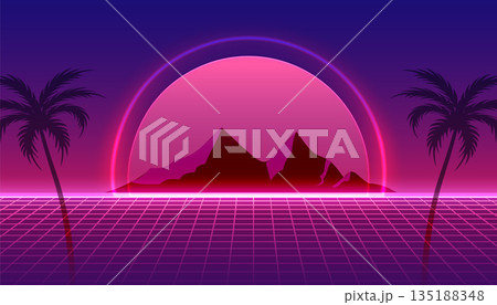 retro inspired perspective landscape background with laser LED light effect 135188348