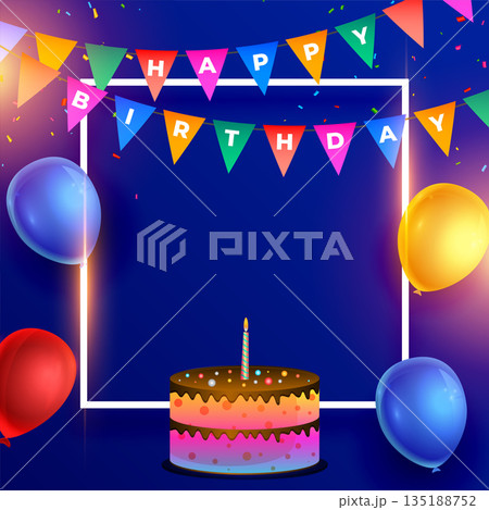 happy bday party cake and balloon background with text space 135188752
