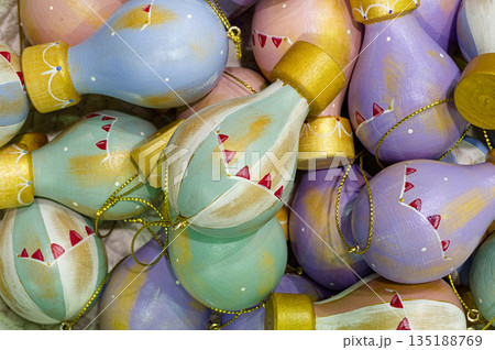 A lot of vintage Christmas tree decorations made of wood and painted A lot of vintage Christmas tree decorations made of wood and painted 135188769