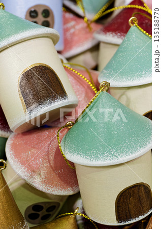 A lot of vintage Christmas tree decorations made of wood and painted A lot of vintage Christmas tree decorations made of wood and painted 135188770