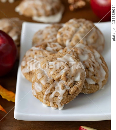 Apple Cinnamon Cookies with Drizzled Icing and Fresh Apples 135189014