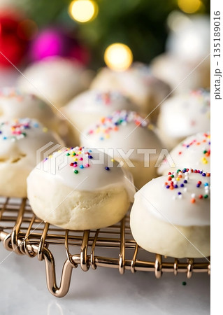 Festive Cookies with Icing and Colorful Sprinkles on Rack 135189016
