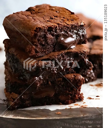 Gooey Chocolate Brownies with Melted Chocolate Center and Cracks 135189023