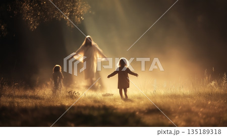 Boy runs joyfully towards Jesus in a peaceful, sunlit setting filled with soft golden light 135189318