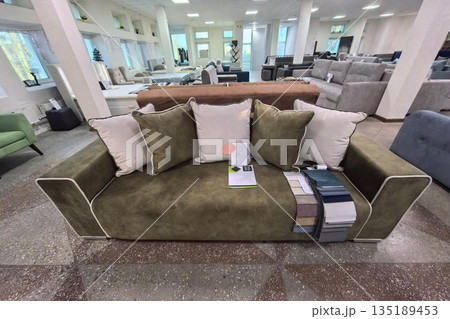 Comfortable modern sofa with stylish cushions in a furniture showroom Comfortable modern sofa with stylish cushions in a furniture showroom 135189453