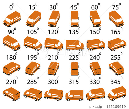 Set of 24 minimalist isometric delivery van logo style illustrations in multiple angles, suitable for animation, branding, logistics. Set of 24 minimalist isometric delivery van logo style illustrations in multiple angles, suitable for animation, branding, logistics. 135189619