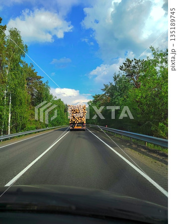 Logging truck carrying timber on highway through forest. Heavy truck loaded with cut logs driving on rural road under blue sky 135189745