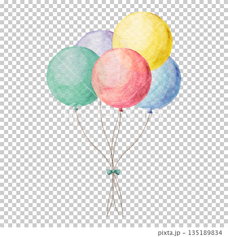 Vibrant watercolor bunch of colorful balloons with bright shades, hand painted festive decoration perfect for birthday cards, baby shower invitations, posters, and kids party designs Vibrant watercolor bunch of colorful balloons with bright shades, hand painted festive decoration perfect for birthday cards, baby shower invitations, posters, and kids party designs 135189834