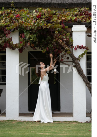 Bride touching autumn leaves on a vine in front of a house 135189912