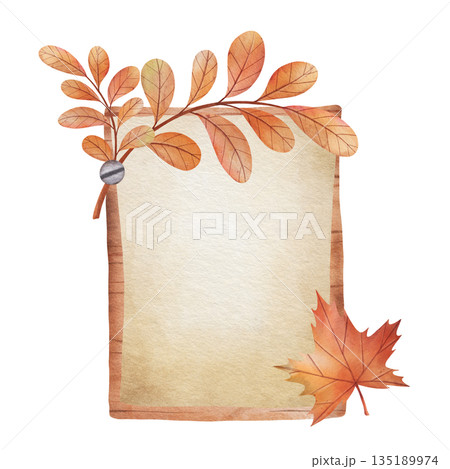 Watercolor illustration of an autumn wooden frame decorated with orange and red leaves, isolated on a white background. Perfect for seasonal decor, text backgrounds, greeting cards, and creative Watercolor illustration of an autumn wooden frame decorated with orange and red leaves, isolated on a white background. Perfect for seasonal decor, text backgrounds, greeting cards, and creative 135189974