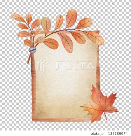 Watercolor illustration of an autumn wooden frame decorated with orange and red leaves, isolated on a white background. Perfect for seasonal decor, text backgrounds, greeting cards, and creative 135189974