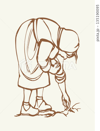 Vector drawing. Old woman in the field 135190095
