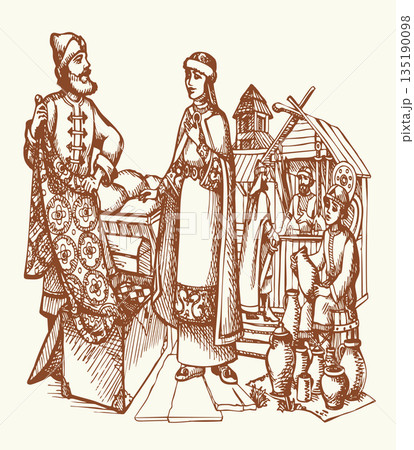 Vector drawing. Man sells a fabric om ancient market 135190098