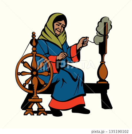 Vector drawing. Grandmother with a Spindle Vector drawing. Grandmother with a Spindle 135190102