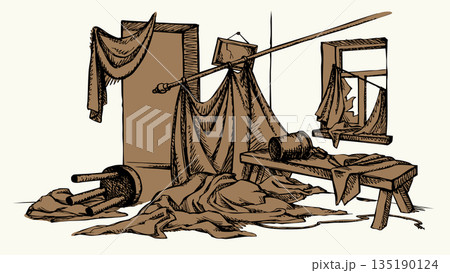 Vector drawing. Cluttered room view. 135190124