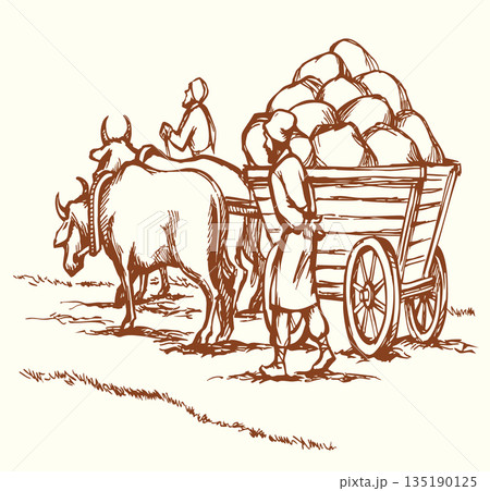 Vector drawing. Ancient cart with cows Vector drawing. Ancient cart with cows 135190125
