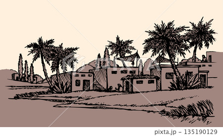 Vector drawing. Old village at river 135190129