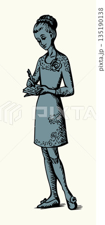 Vector drawing. Young girl write a task Vector drawing. Young girl write a task 135190138