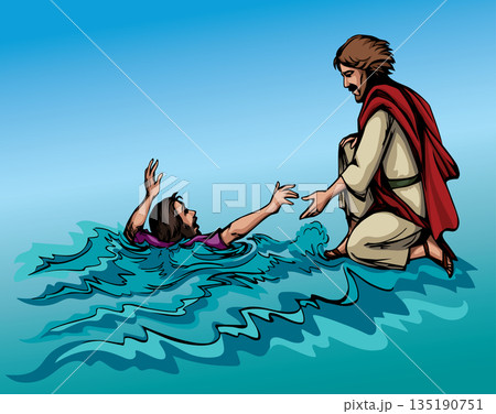 Vector drawing. Jesus helps man in a storm Vector drawing. Jesus helps man in a storm 135190751