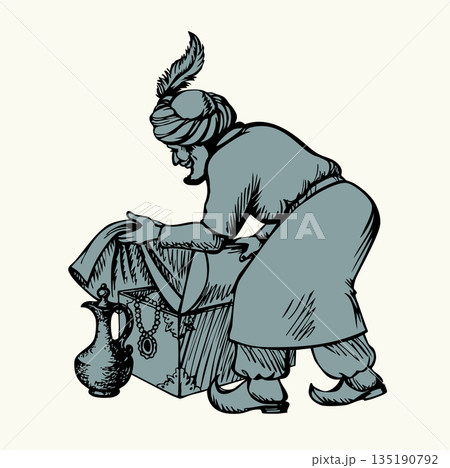 Vector drawing. Man sells a fabric on ancient market Vector drawing. Man sells a fabric on ancient market 135190792