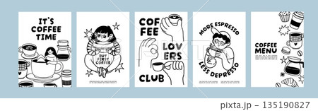 Coffee poster. Doodle coffee banner. Fun art with people drinking and enjoying drinks. Posters with cup, mug, espresso, coffee beans for cafe and shop. Vector set Coffee poster. Doodle coffee banner. Fun art with people drinking and enjoying drinks. Posters with cup, mug, espresso, coffee beans for cafe and shop. Vector set 135190827