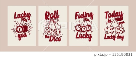 Cherry poster. Retro lucky dice. Vintage cherries with bows, ribbon, leaves, dice, star. Prints with text and slogans. Red coquette style Valentines sticker. Vector casino card Cherry poster. Retro lucky dice. Vintage cherries with bows, ribbon, leaves, dice, star. Prints with text and slogans. Red coquette style Valentines sticker. Vector casino card 135190831