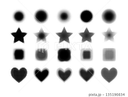 Halftone shapes. Dots pattern elements. Abstract texture gradient square, circle, heart, stars. Black dot gradation effect. Comic pattern for design. Vector symbols Halftone shapes. Dots pattern elements. Abstract texture gradient square, circle, heart, stars. Black dot gradation effect. Comic pattern for design. Vector symbols 135190834