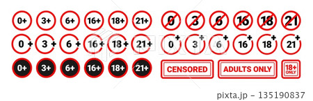 Age censor icons. Age limit signs. Circular badges with numeric restrictions. Age rating symbols 18, 16. Censorship symbol for media, films, video games. Vector set 135190837