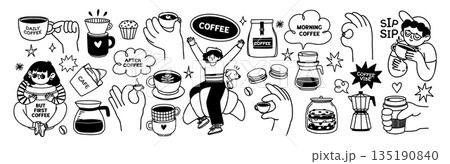 Coffee. Simple doodle coffee elements. Sketch stickers with coffee lover characters, cup, mug, dessert. Badges for cafe, coffee shop branding, social media. Vector set 135190840