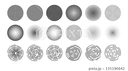 Concentric circle. Radial geometric pattern. Abstract minimal, symmetrical, circular lines. Ripples on water, sonar sound waves, abstract round target shapes. Vector set Concentric circle. Radial geometric pattern. Abstract minimal, symmetrical, circular lines. Ripples on water, sonar sound waves, abstract round target shapes. Vector set 135190842