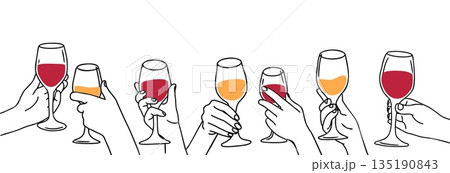 Hand holding drink. Banner with glasses in hands. Hand drawn different arm gestures hold glass, wineglasses, drinks, cocktails. Doodle line vector elements for cafe 135190843