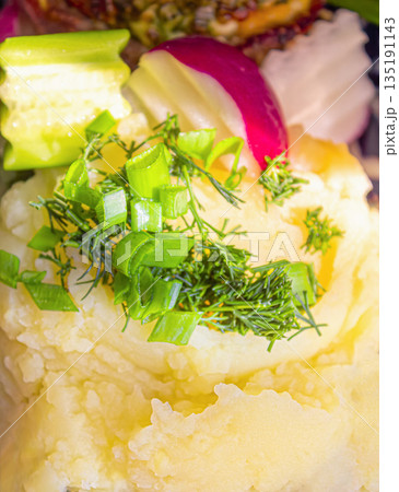 Mashed potatoes made from natural potatoes with dill and fresh vegetables 135191143