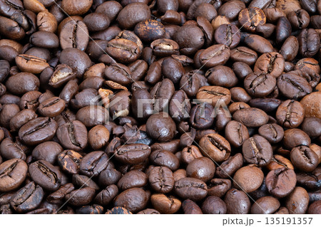 Coffee morning energy, Roasted coffee beans embody stimulating breakfast experience, Closeup of roasted beans representing energetic mornings and cozy breakfast ambiance Coffee morning energy, Roasted coffee beans embody stimulating breakfast experience, Closeup of roasted beans representing energetic mornings and cozy breakfast ambiance 135191357