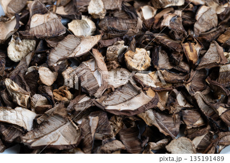 Natureharvested dried fungi collection, Rustic assortment of naturally varied dried mushrooms, Sustainable sourced dried fungi with diverse appearance and shape Natureharvested dried fungi collection, Rustic assortment of naturally varied dried mushrooms, Sustainable sourced dried fungi with diverse appearance and shape 135191489
