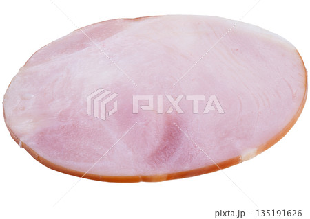 Ham slice image, Boiled smoked ham visualization, Highdetail photo of ham slice on white background, Isolated ham slice with golden rind and pink surface for product display Ham slice image, Boiled smoked ham visualization, Highdetail photo of ham slice on white background, Isolated ham slice with golden rind and pink surface for product display 135191626