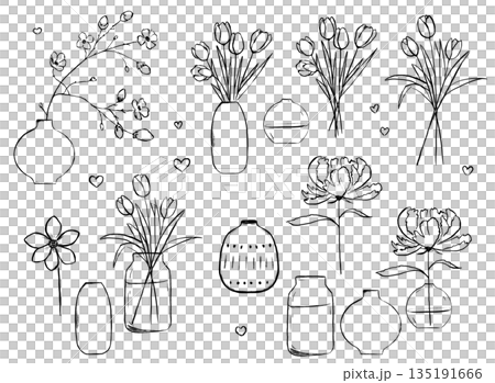 Hand drawn set of flowers and vases. Bouquets of flowers illustration. Floral elements set. 135191666