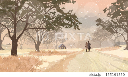 Countryside landscape in autumn season with couple of lover walking together on the track 135191830