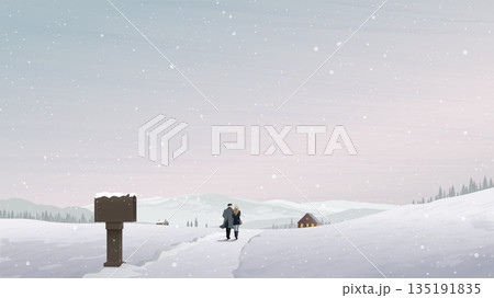 Countryside landscape covered by snow with couple of lover walking together on the track back to home Countryside landscape covered by snow with couple of lover walking together on the track back to home 135191835