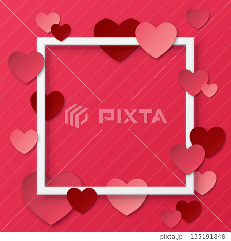 Various red and pink hearts around white square frame paper cut style on pink background Various red and pink hearts around white square frame paper cut style on pink background 135191848