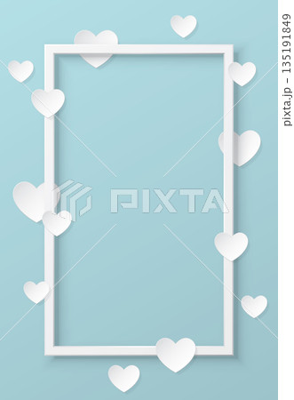 Various white hearts around white vertical frame paper cut style on light blue background Various white hearts around white vertical frame paper cut style on light blue background 135191849