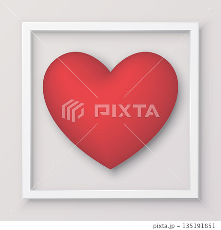 3D red heart balloon in white square frame paper cut style on light gray background 135191851