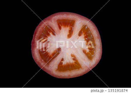 Red tomato seed chamber details, Closeup of fresh tomato with vibrant color and texture, Highquality macro photograph highlighting juicy tomato flesh and seed sections vividly Red tomato seed chamber details, Closeup of fresh tomato with vibrant color and texture, Highquality macro photograph highlighting juicy tomato flesh and seed sections vividly 135191874