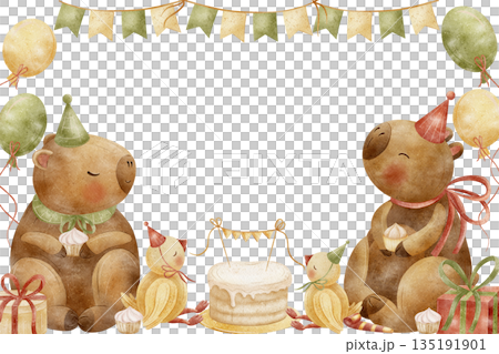 Capybara frame, duck in party hats, cake, gifts, birthday balloons. Hand-drawn watercolor character illustration in childish style. Template isolated from background for card, poster invitation design Capybara frame, duck in party hats, cake, gifts, birthday balloons. Hand-drawn watercolor character illustration in childish style. Template isolated from background for card, poster invitation design 135191901