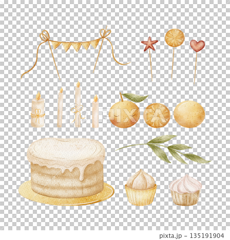 Watercolor cake cupcakes candles, garland, tangerine, orange. Hand-drawn illustration set in childish style. Elements isolated from background for menu design, cards, birthdays, weddings, baby showers 135191904